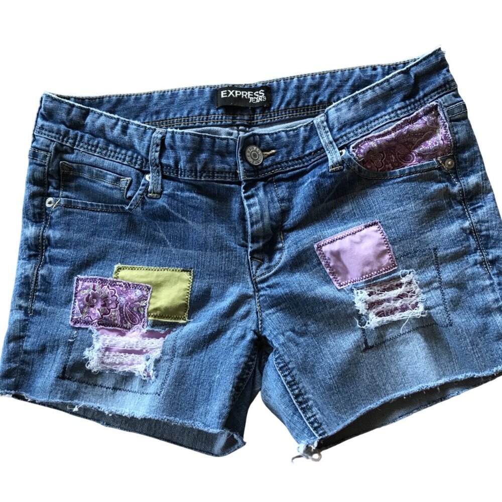 Upcycled Ripped Jean Short Cutoffs, Patchwork Distressed Junior Size 8 - Picture 3 of 11